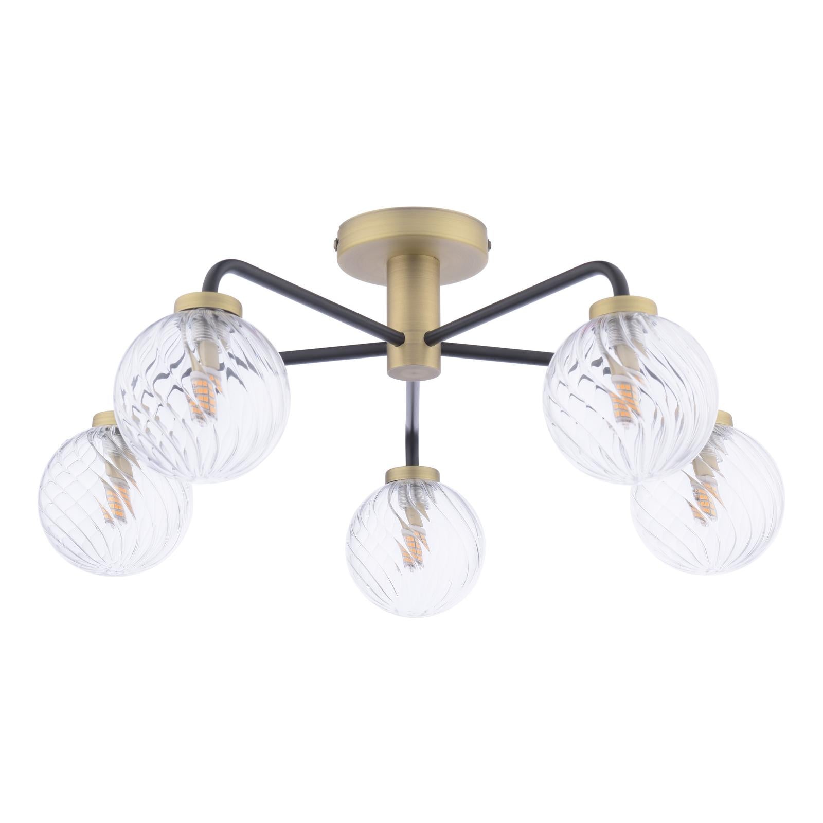 Lainey 5 Light Semi-Flush Matt Black and Antique Brass With Twisted Glass
