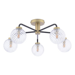 Lainey 5 Light Semi-Flush Matt Black and Antique Brass With Twisted Glass