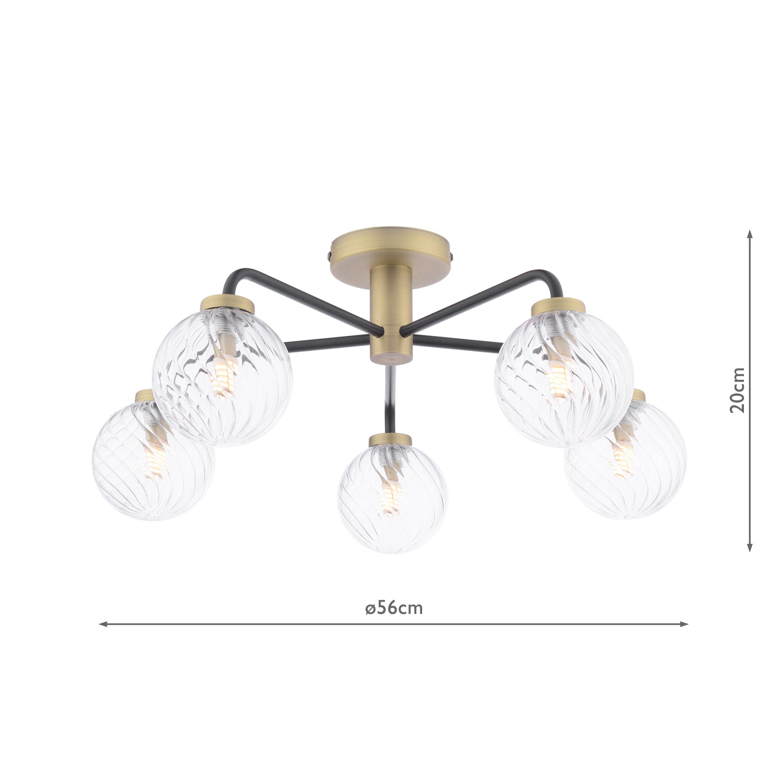Lainey 5 Light Semi-Flush Matt Black and Antique Brass With Twisted Glass