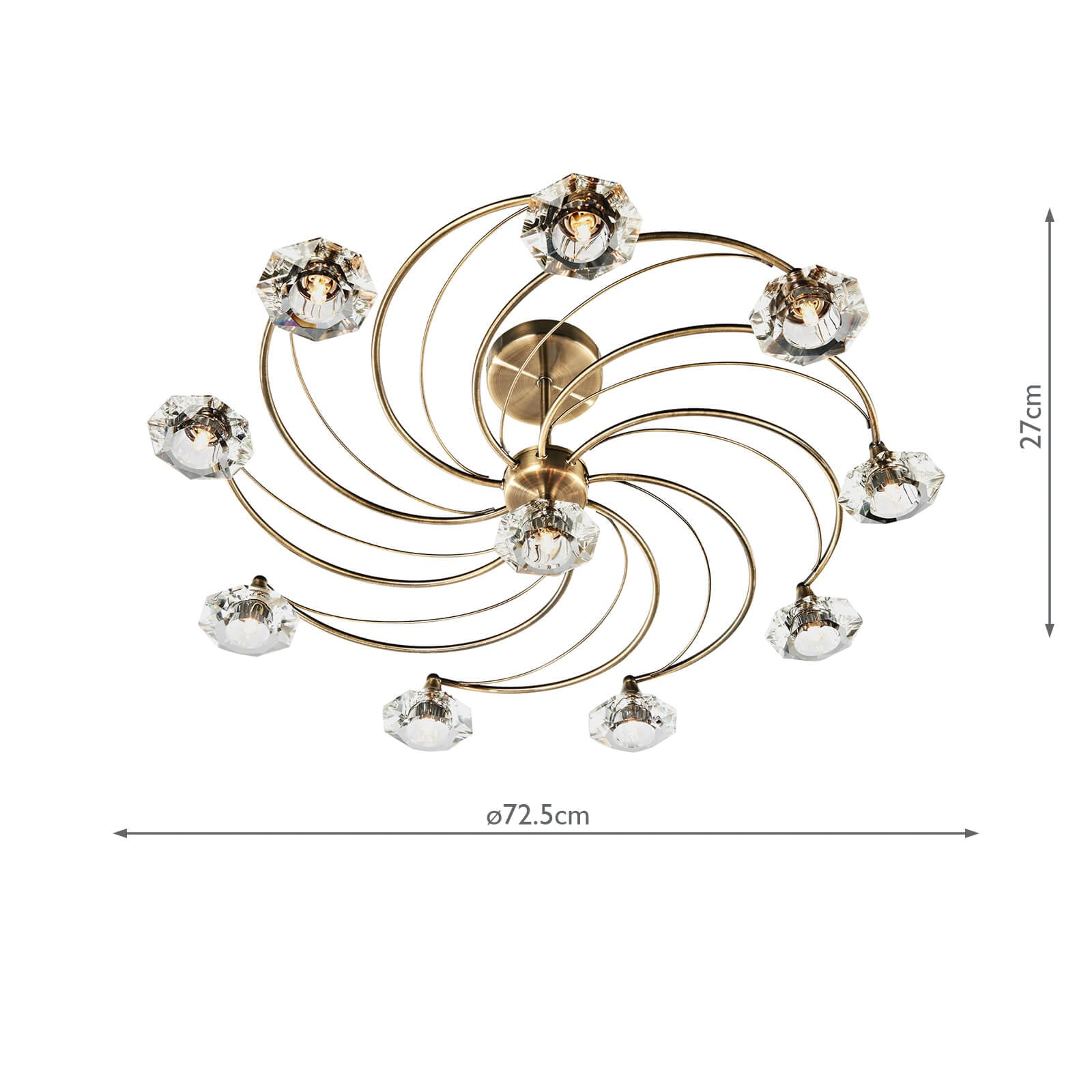 Luther 10 Light Semi Flush Antique Brass Crystal
