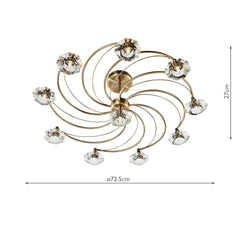 Luther 10 Light Semi Flush Antique Brass Crystal