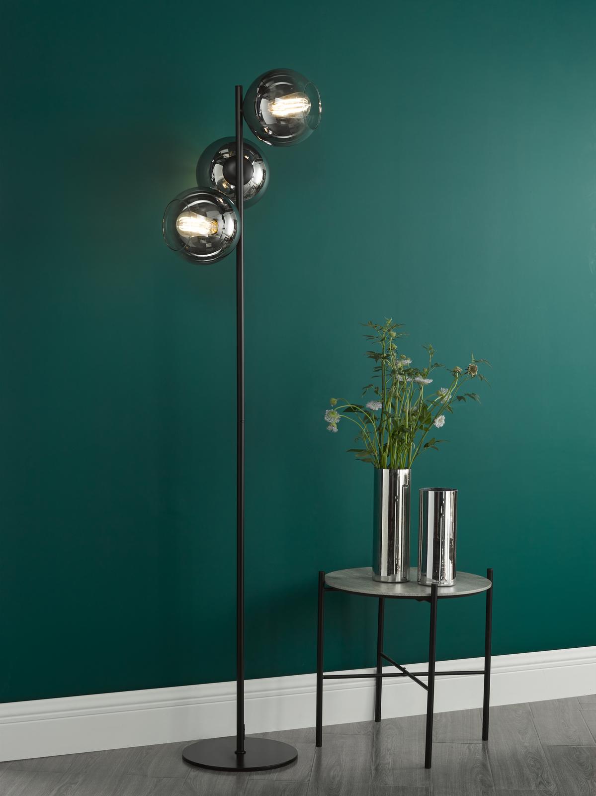 Lycia 3 Light Floor Lamp Matt Black and Smoked Ombre Glass
