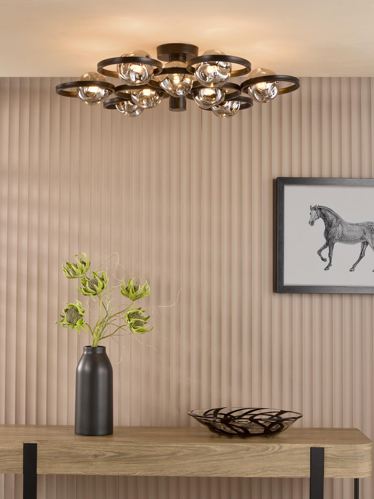 Lynette 9 Light Semi-Flush Satin Black With Closed Organic Smoked Glass