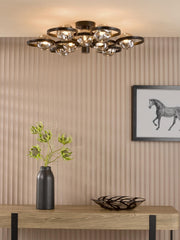 Lynette 9 Light Semi-Flush Satin Black With Closed Organic Smoked Glass