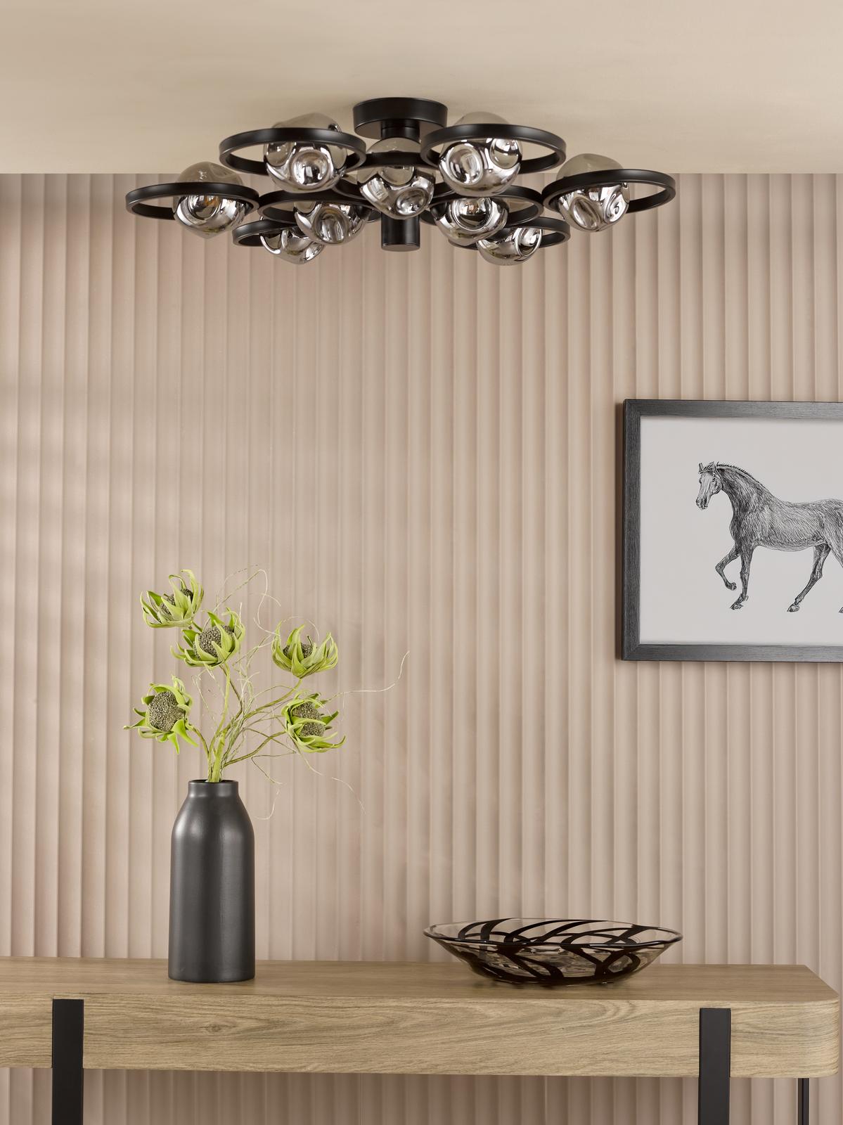 Lynette 9 Light Semi-Flush Satin Black With Closed Organic Smoked Glass