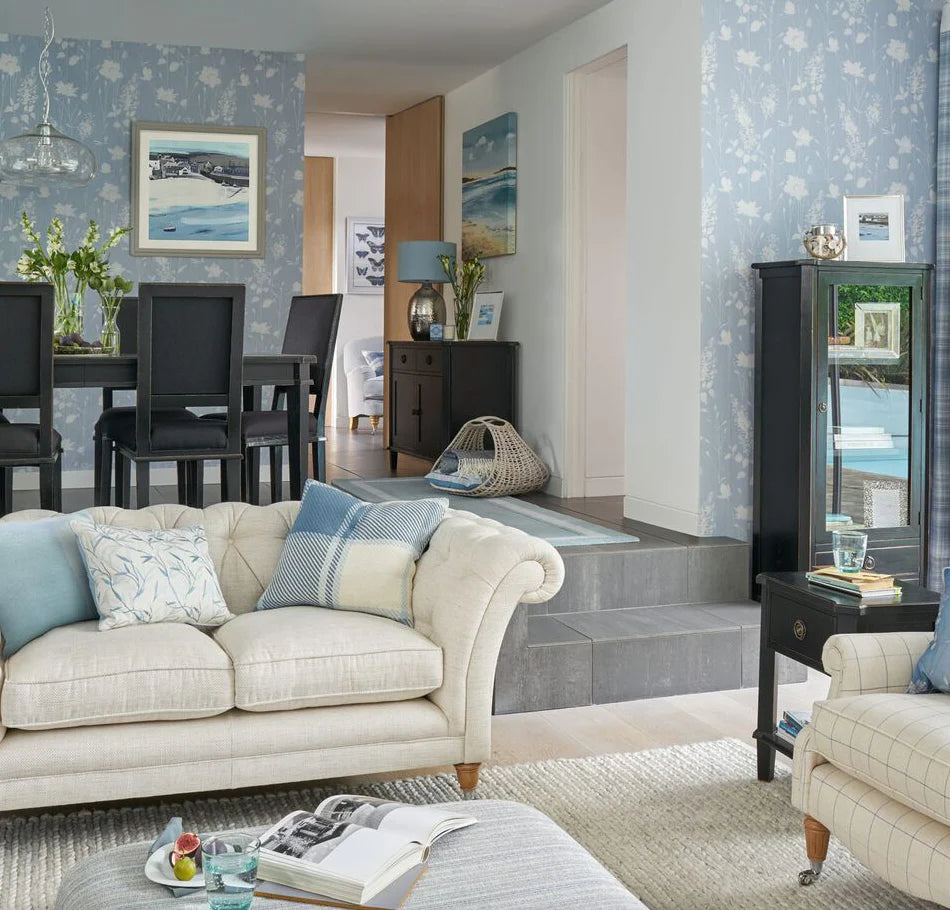 Laura Ashley floral wallpaper in a classic living room setting