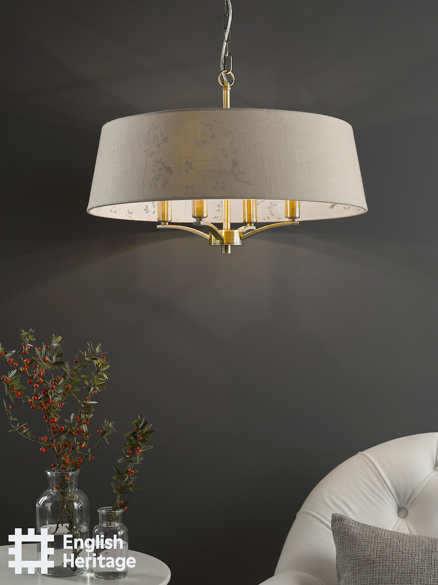 English Heritage Marble Hill 4 Light Shadelier Antique Brass and Taupe With Shade