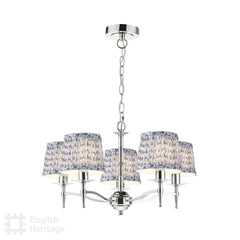 English Heritage Marble Hill 5 Light Armed Pendant Polished Nickel With Shade
