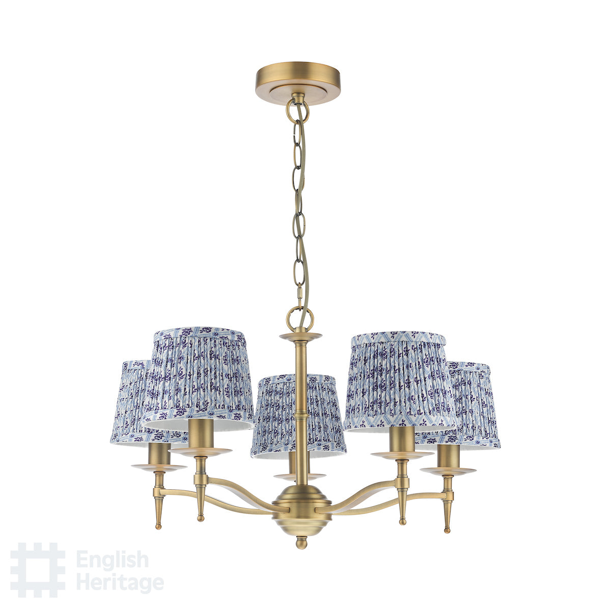 English Heritage Marble Hill 5 Light Armed Pendant Aged Brass With Shade