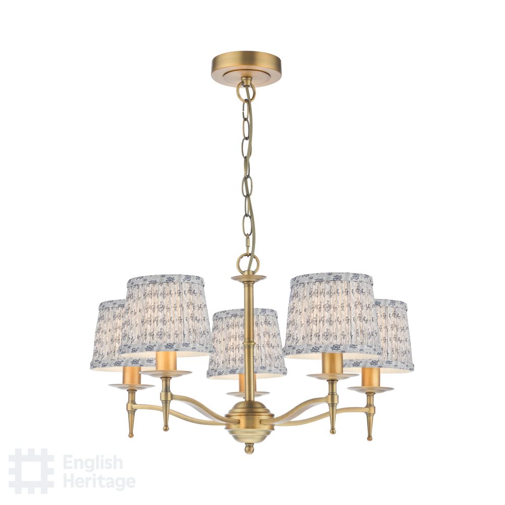 English Heritage Marble Hill 5 Light Armed Pendant Aged Brass With Shade