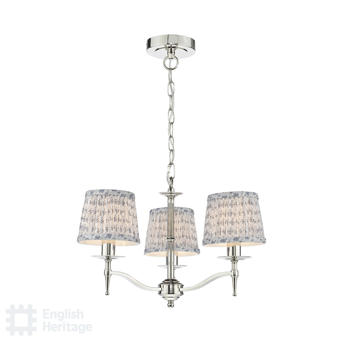 English Heritage Marble Hill 3 Light Armed Pendant Polished Nickel With Shade