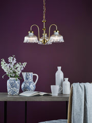 Maude 3 Light Armed Pendant Natural Brass and Ribbed Glass