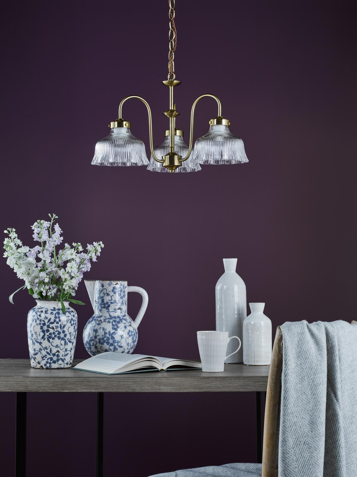 Maude 3 Light Armed Pendant Natural Brass and Ribbed Glass
