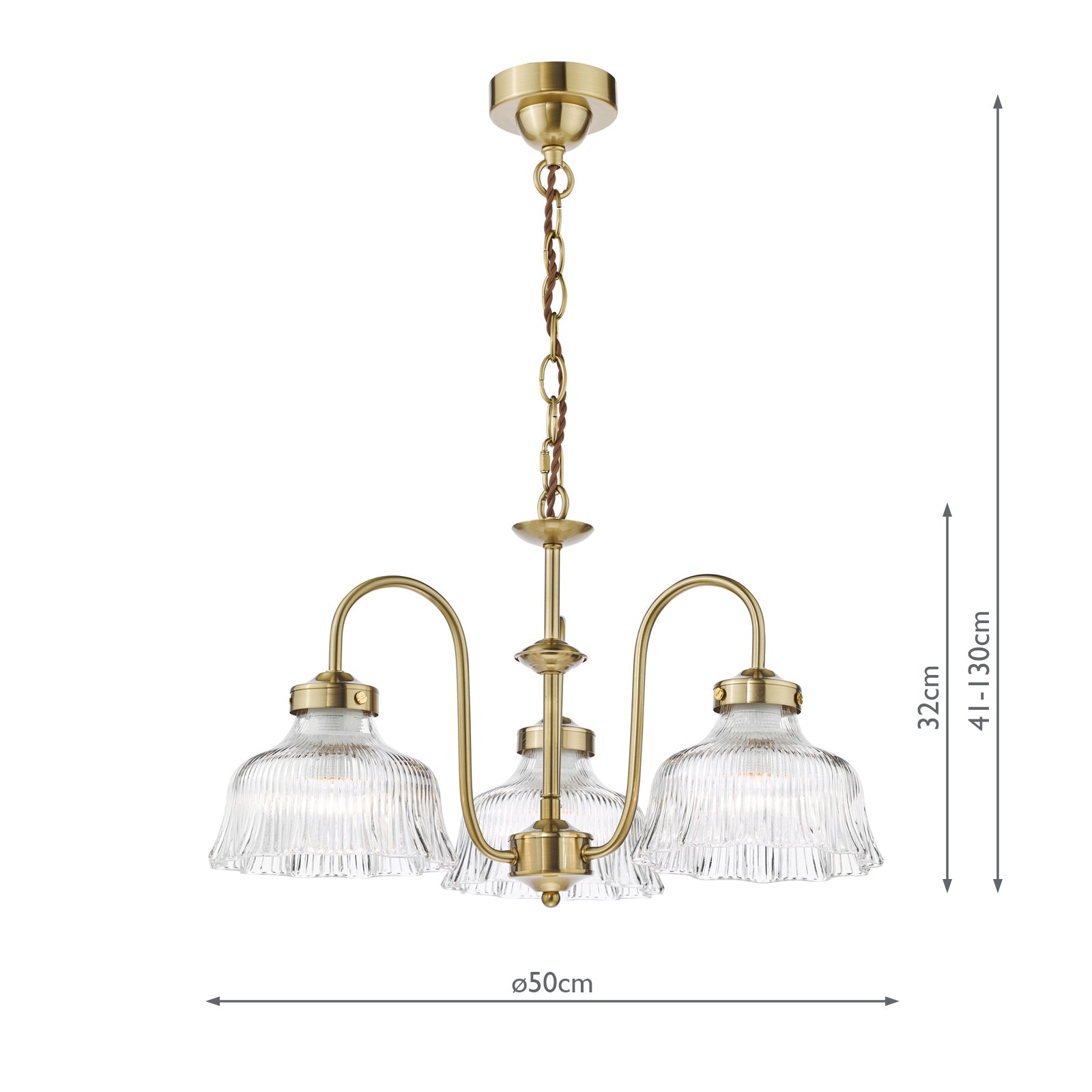 Maude 3 Light Armed Pendant Natural Brass and Ribbed Glass