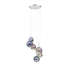 Mira 6 Light Cluster Pendant Polished Chrome Iridised Glass