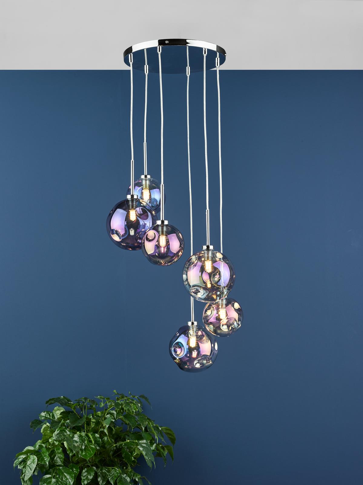 Mira 6 Light Cluster Pendant Polished Chrome Iridised Glass