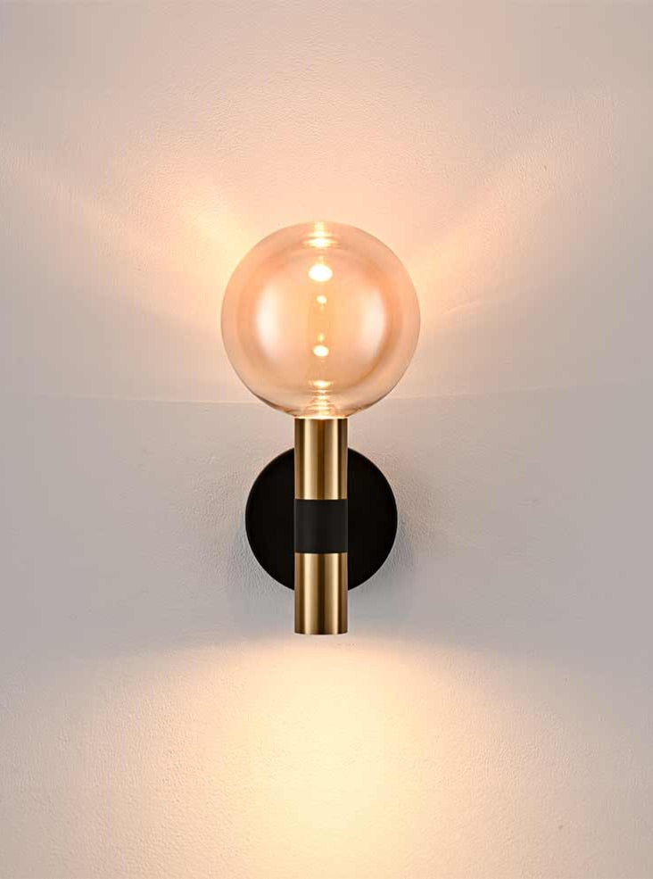 Meridiana Matt Black And Satin Brass Bi-directional Wall Light With Amber Glass