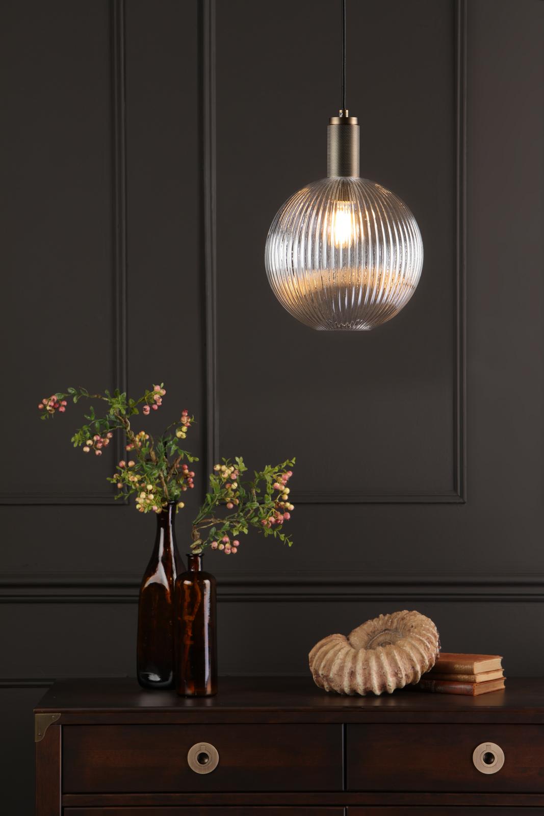 Nikolas Pendant Natural Solid Brass Ribbed Round Glass