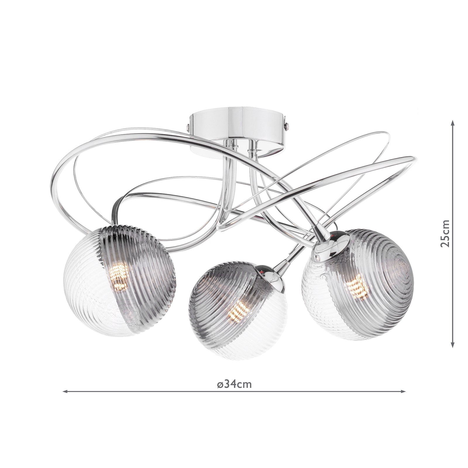 Onawa 3 Light Semi Flush Polished Chrome With Smoked / Clear Ribbed Glass
