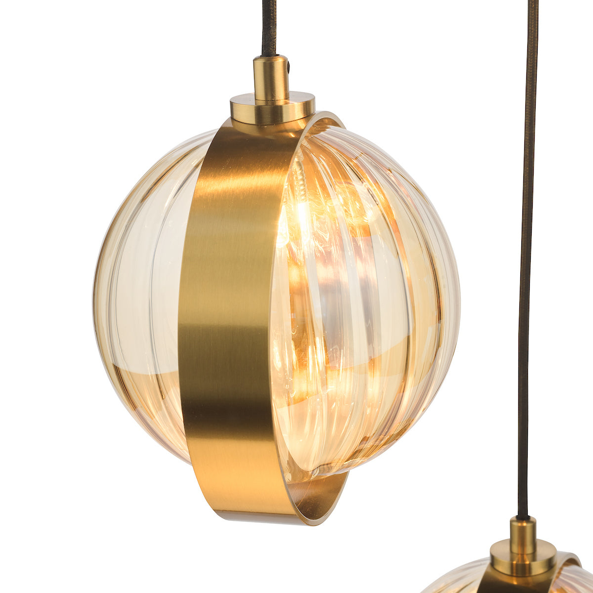 Ophira 3 Light Cluster Pendant Antique Gold and Amber Ribbed Glass