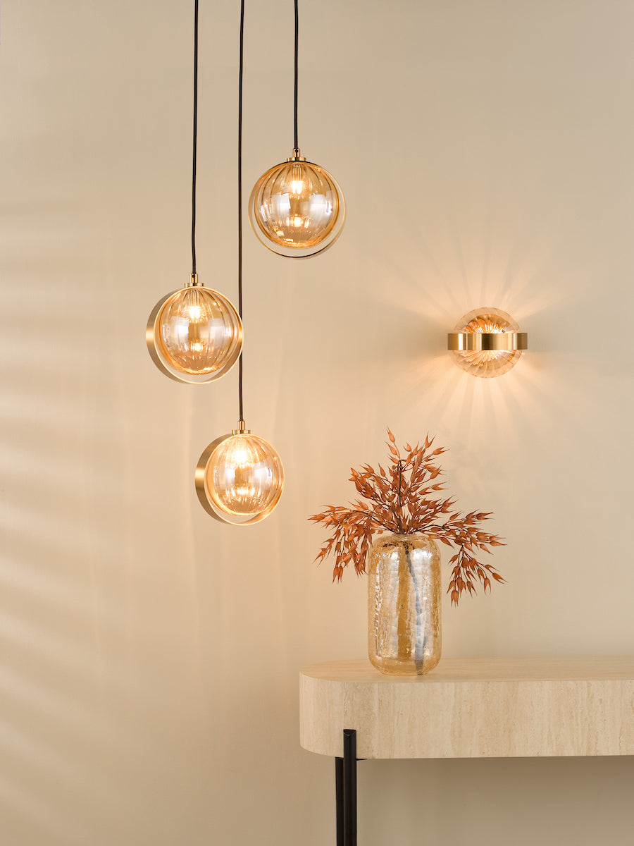 Ophira 3 Light Cluster Pendant Antique Gold and Amber Ribbed Glass