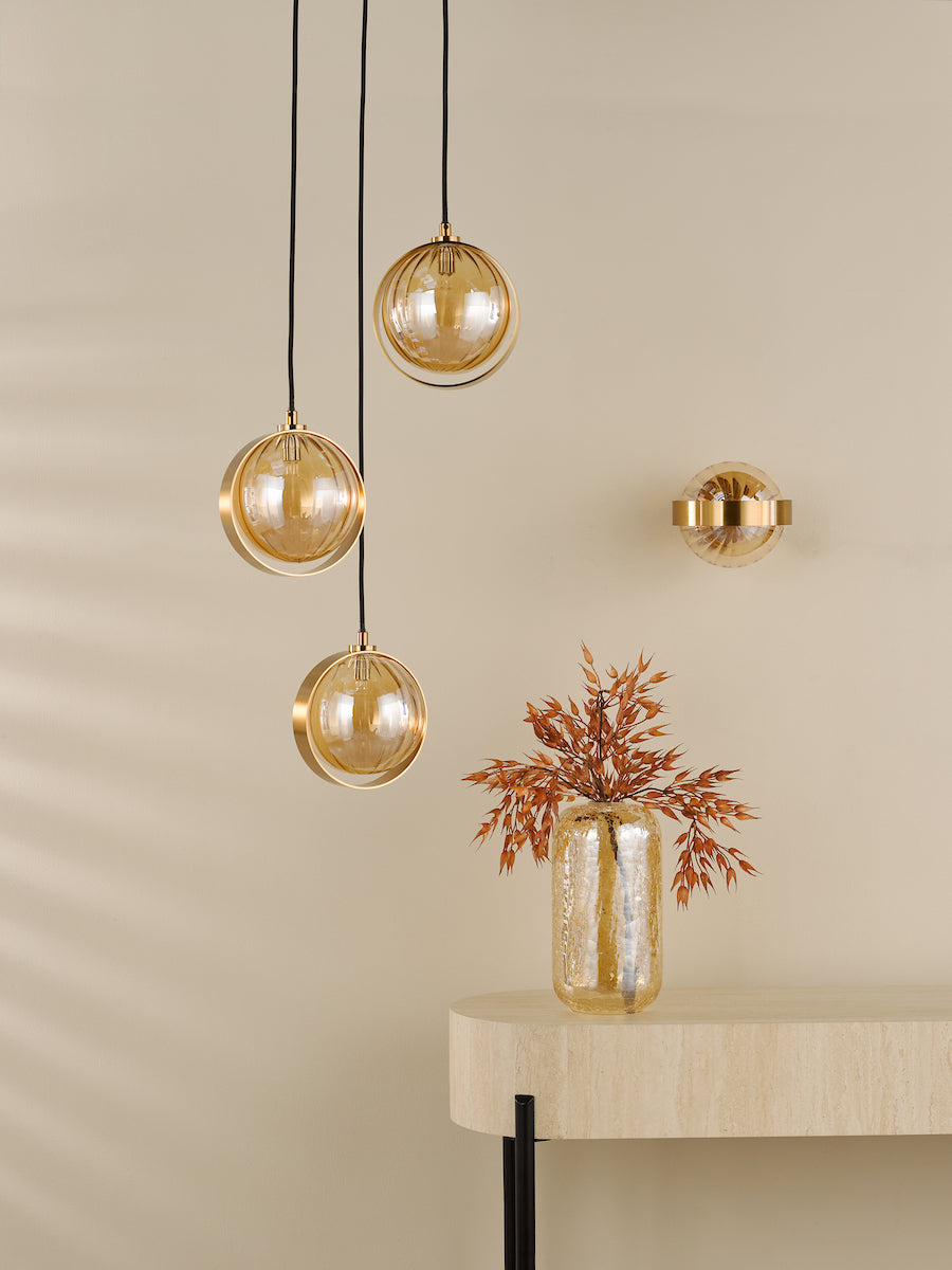 Ophira 3 Light Cluster Pendant Antique Gold and Amber Ribbed Glass