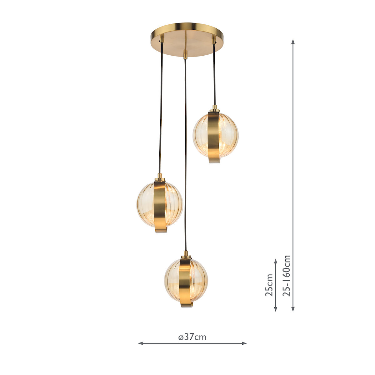 Ophira 3 Light Cluster Pendant Antique Gold and Amber Ribbed Glass