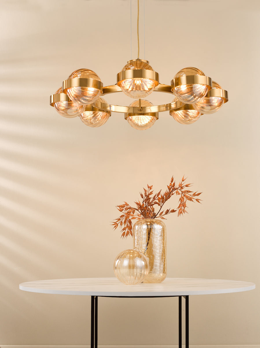 Ophira 8 Light Pendant Antique Gold and Amber Ribbed Glass