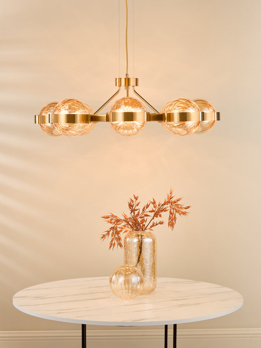 Ophira 8 Light Pendant Antique Gold and Amber Ribbed Glass (Copy)
