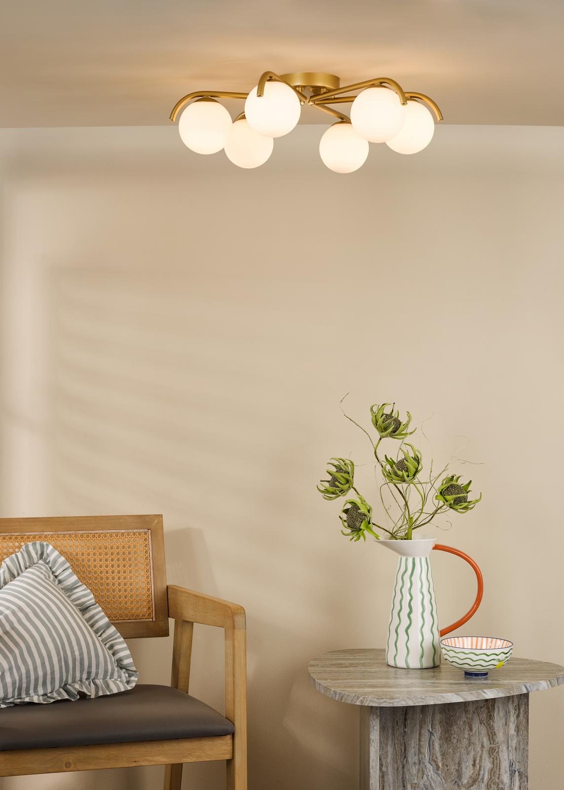 Orlena 6 Light Flush Satin Gold and Opal Glass