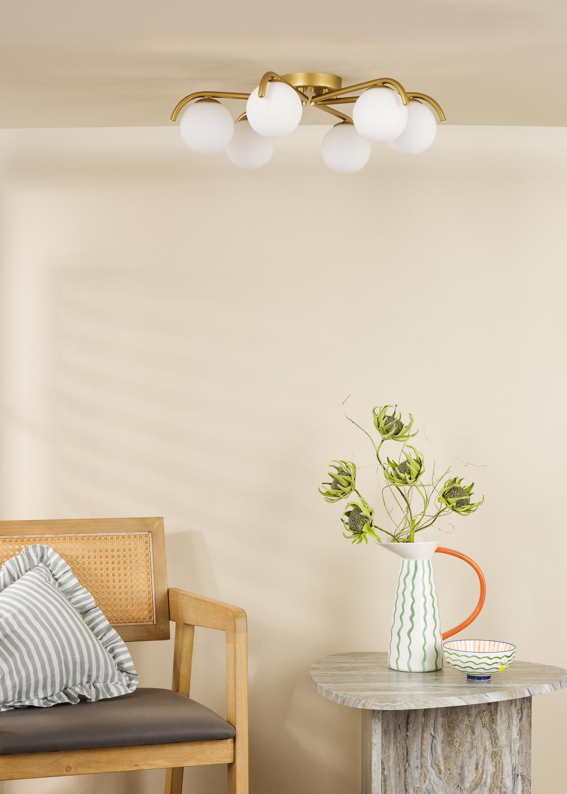 Orlena 6 Light Flush Satin Gold and Opal Glass