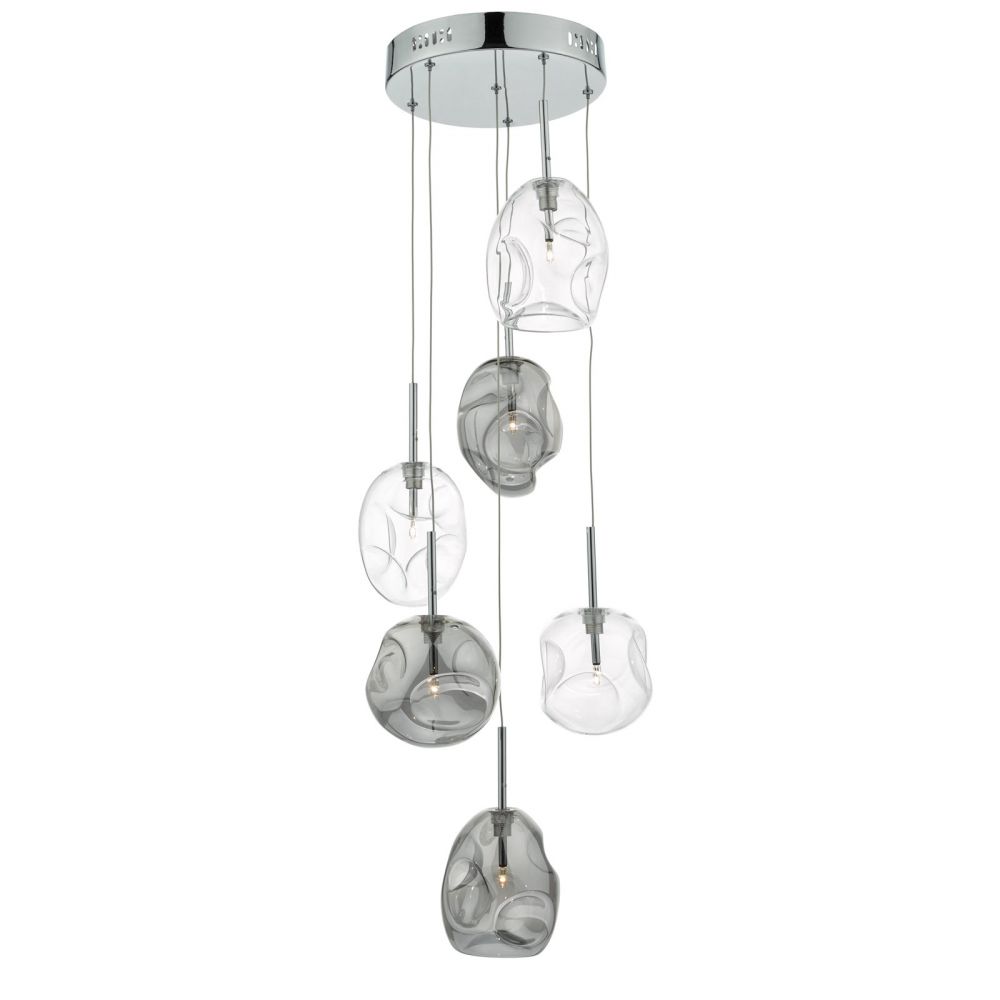 Quinn 6 Light Cluster Pendant Smoked & Clear Glass Ex Display