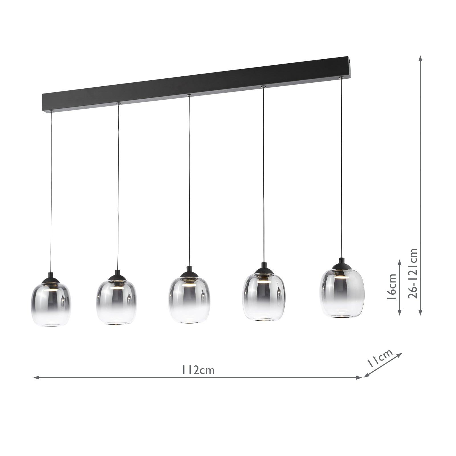 Ramona 5 Light Bar Pendant Matt Black and Smoked Ombre Glass LED