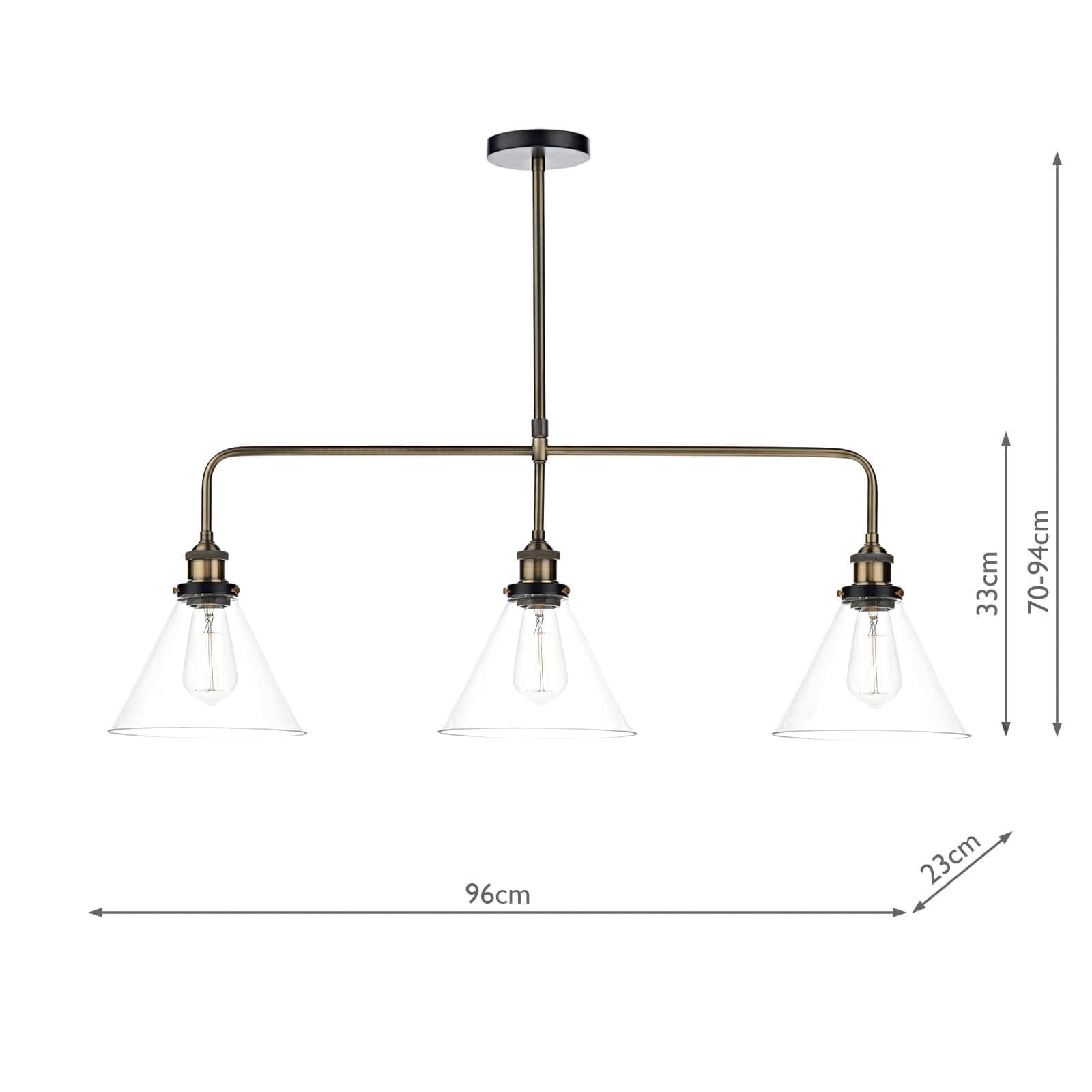 Ray 3 Light Bar Pendant Antique Brass Clear
