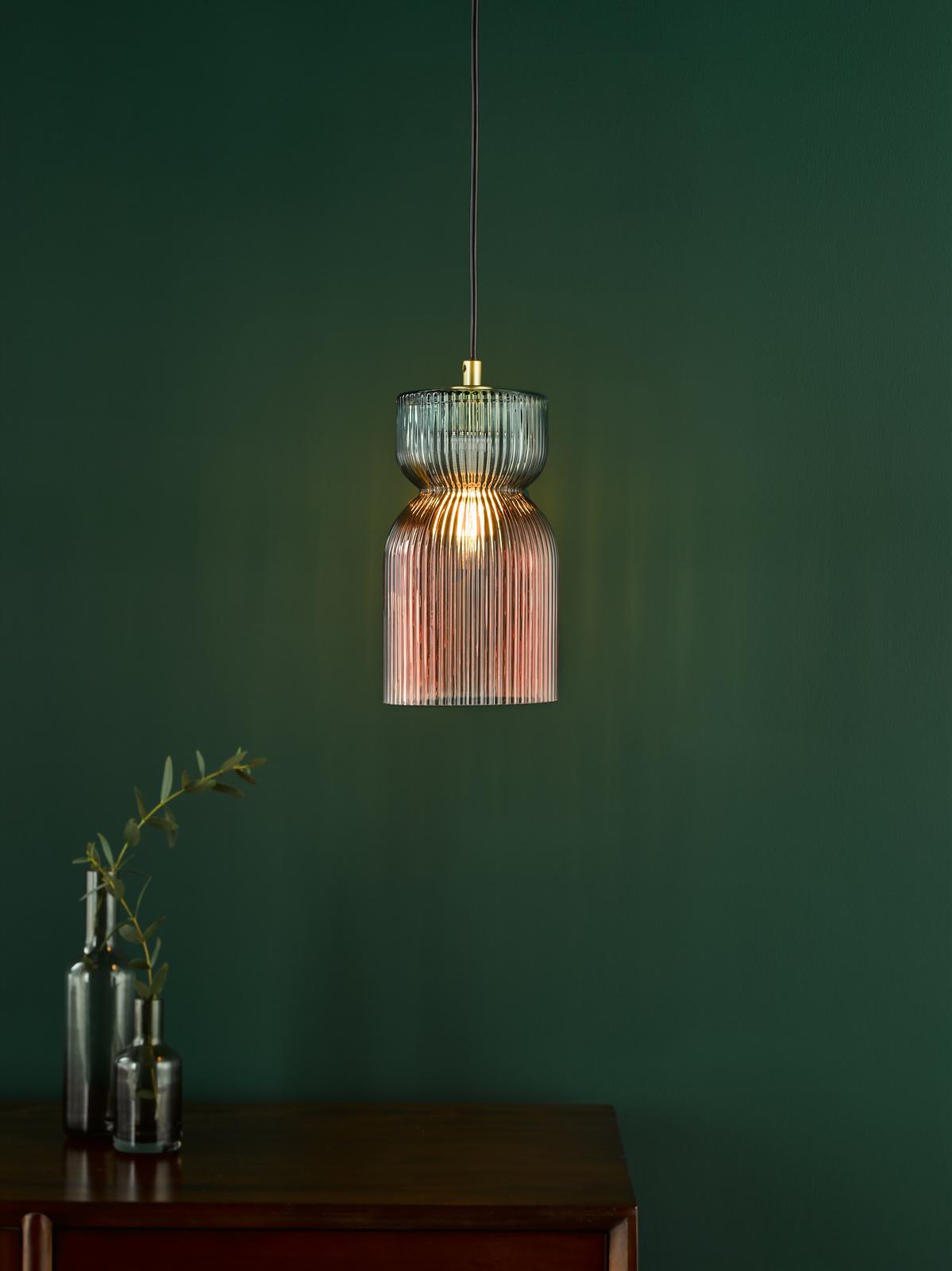 Rhubarb Pendant Pink and Green Ribbed Glass