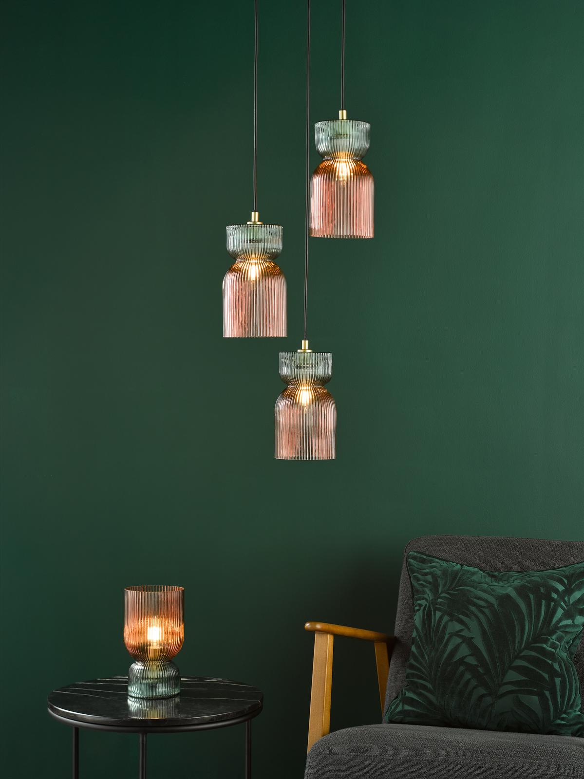 Rhubarb 3 Light Cluster Pendant Pink and Green Ribbed Glass