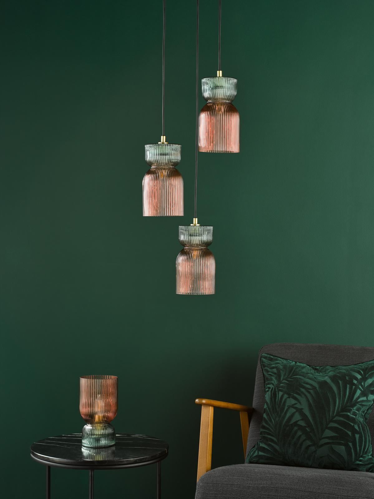 Rhubarb 3 Light Cluster Pendant Pink and Green Ribbed Glass