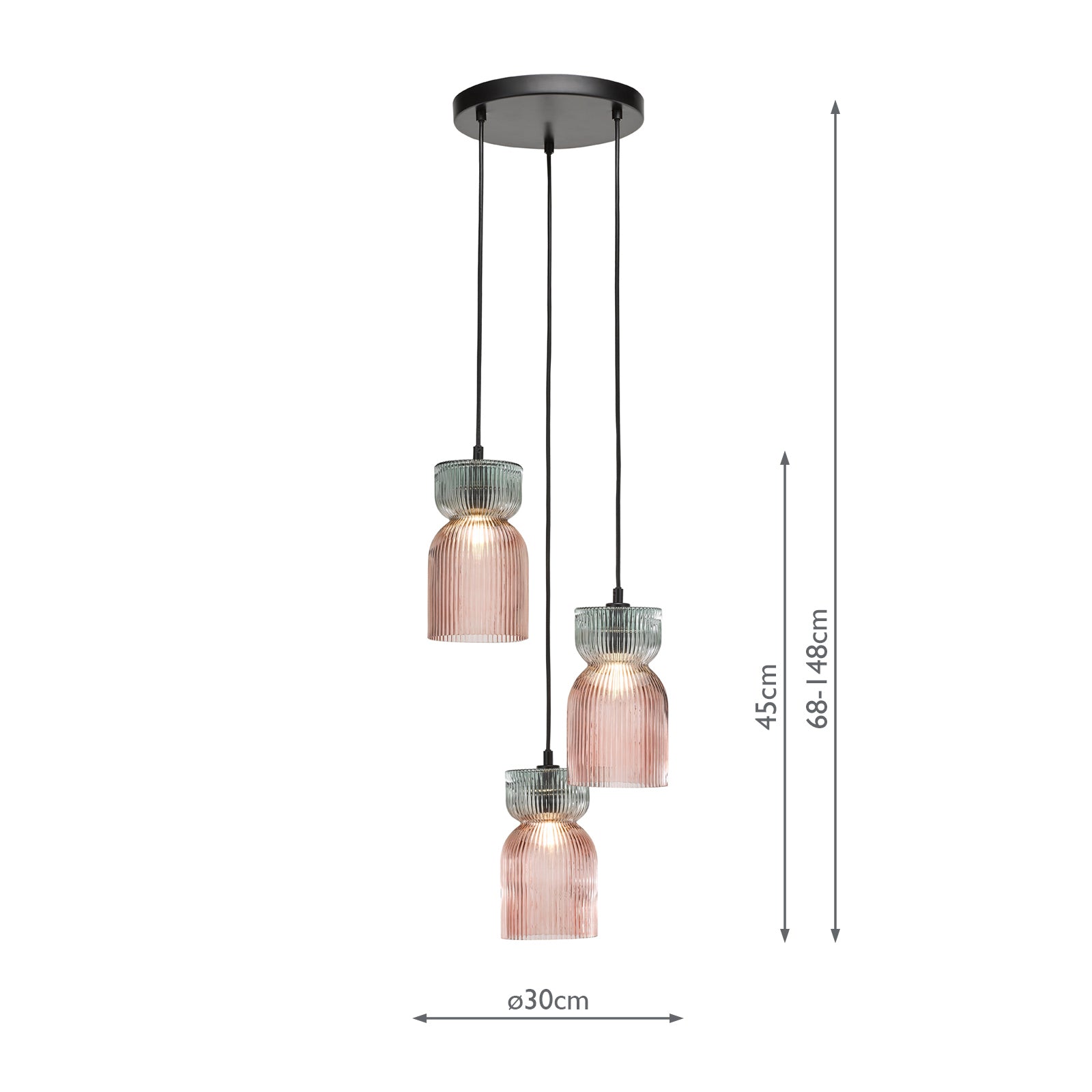 Rhubarb 3 Light Cluster Pendant Pink and Green Ribbed Glass