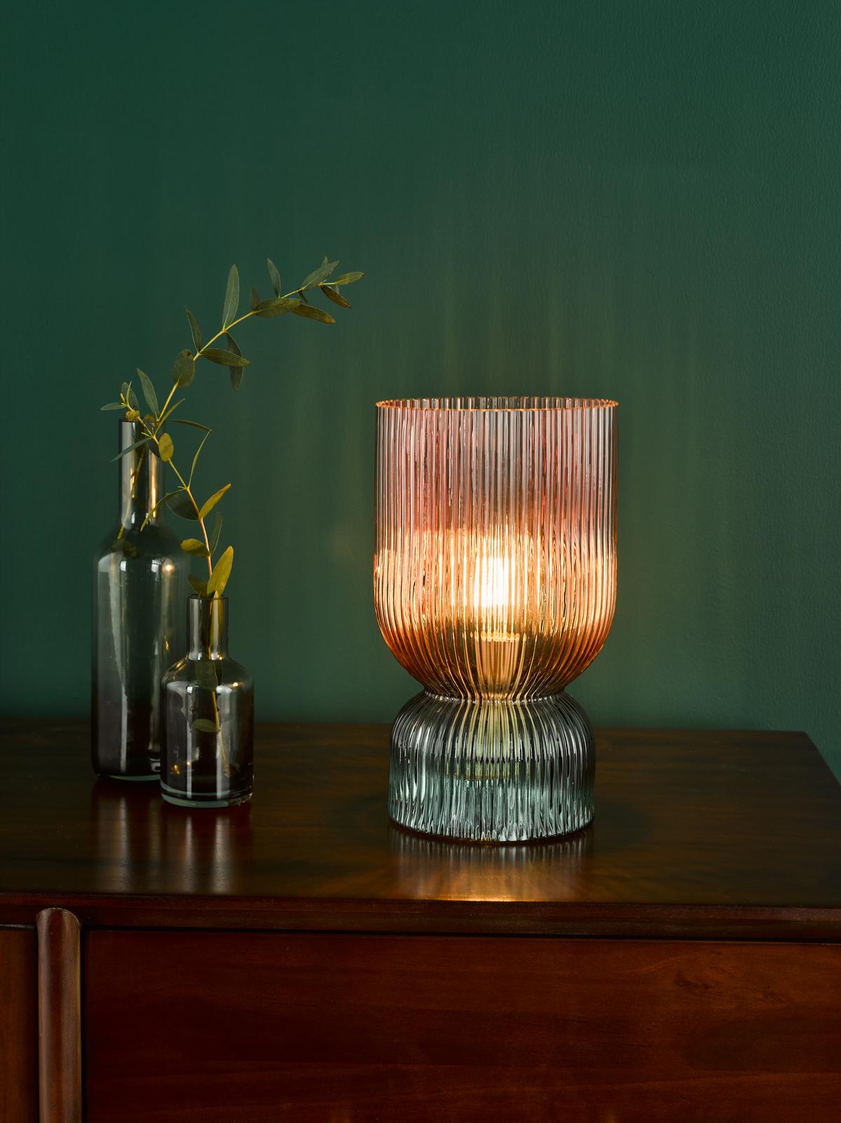 Rhubarb Table Lamp Pink and Green Ribbed Glass