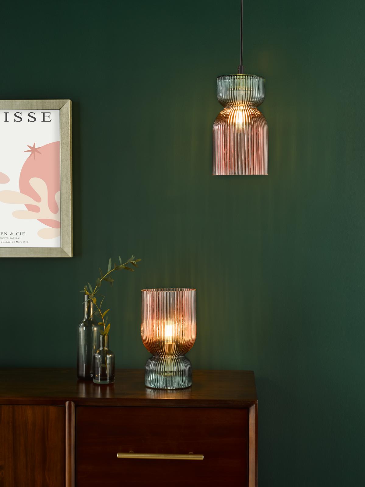 Rhubarb Table Lamp Pink and Green Ribbed Glass