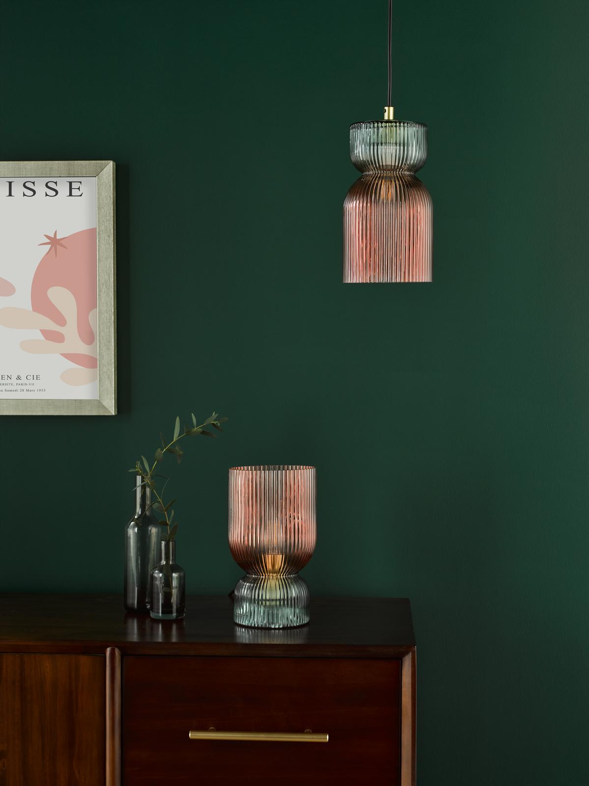Rhubarb Table Lamp Pink and Green Ribbed Glass