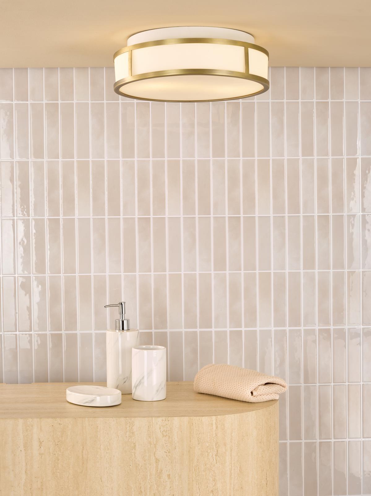 Royce 2 Light Bathroom Flush Matt Antique Brass and Opal Glass IP44