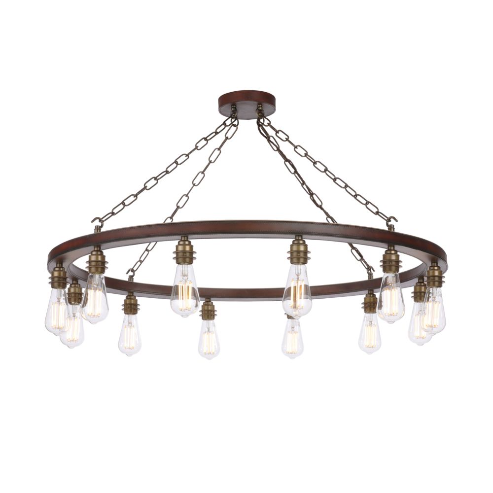 David Hunt LightingSaddler 12 Light Pendant Leather Effect and Antique Brass