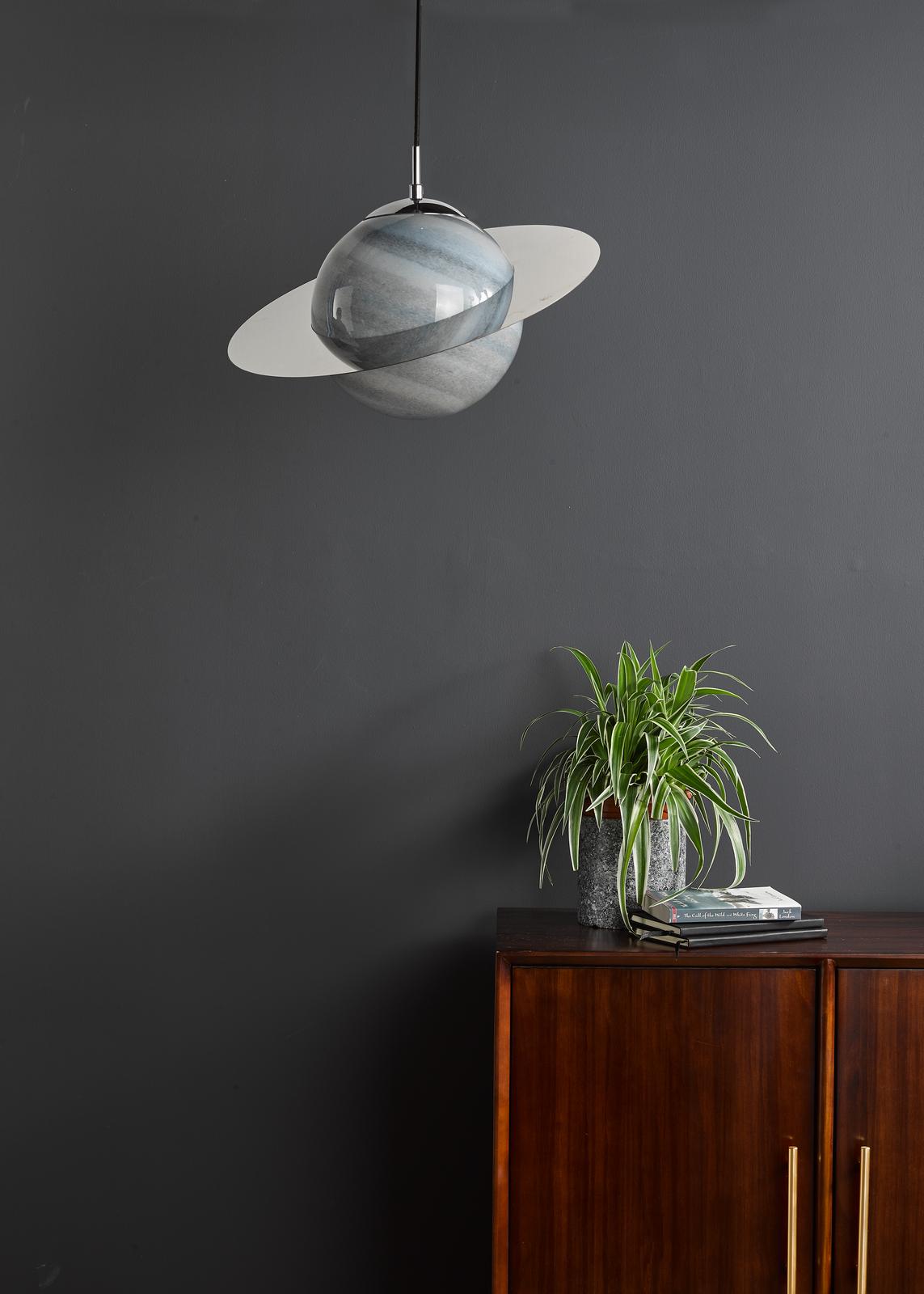 Saturn Pendant Planet Style Glass and Polished Chrome