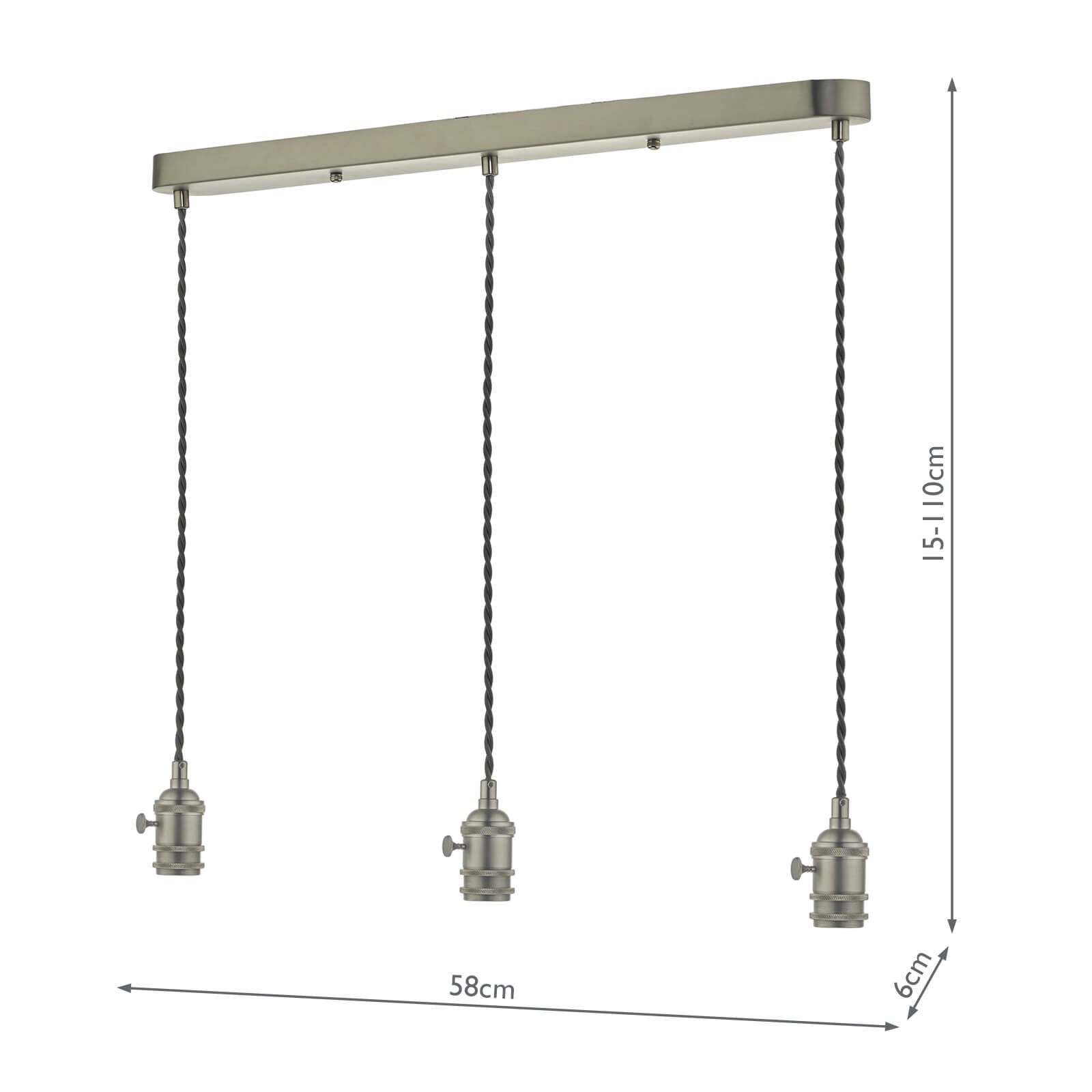 3 Light Bar Suspension Antique Chrome With Grey Cable