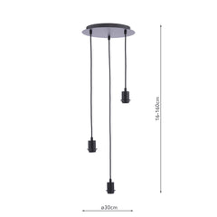 3 Light Matt Black E27 Suspension Cluster