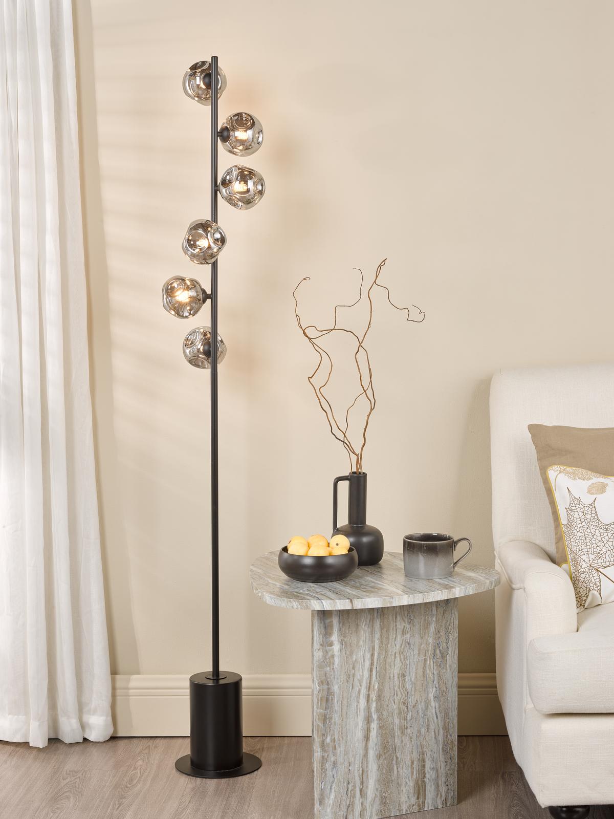 Spiral 6 Light Floor Lamp Matt Black With Closed Organic Smoked Glass