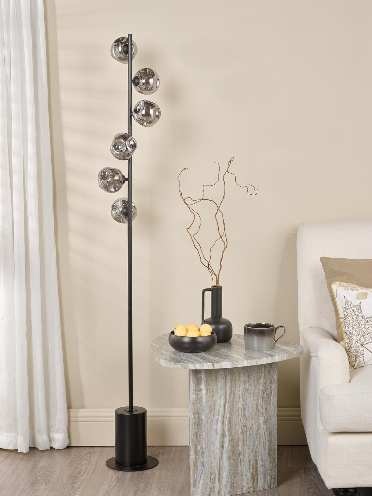 Spiral 6 Light Floor Lamp Matt Black With Closed Organic Smoked Glass
