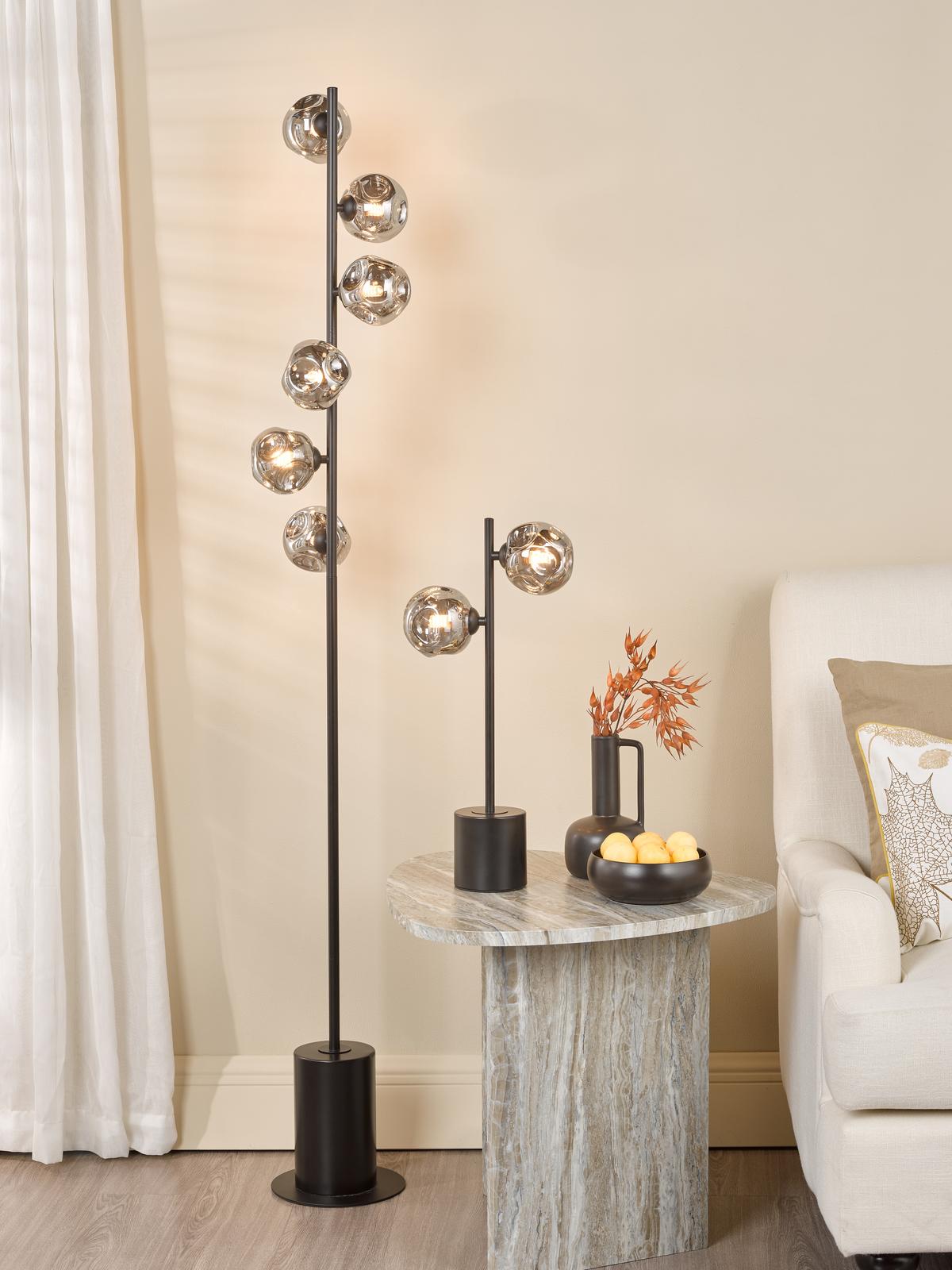 Spiral 6 Light Floor Lamp Matt Black With Closed Organic Smoked Glass