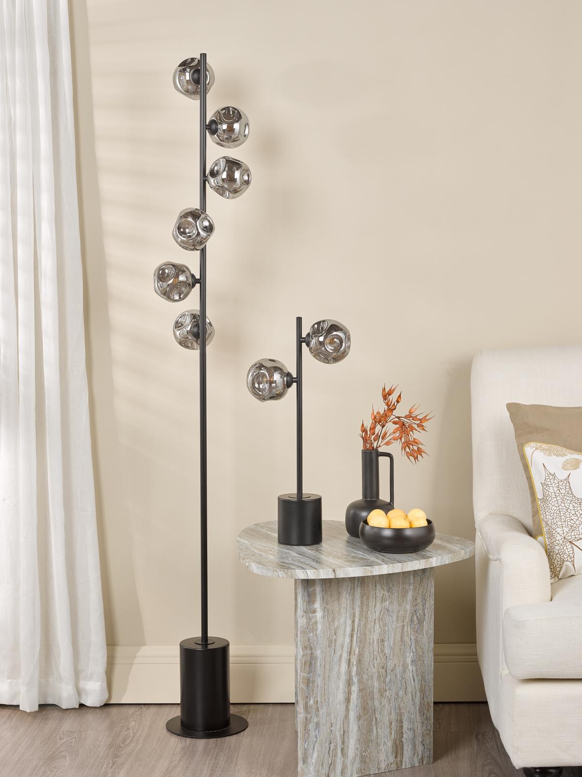 Spiral 6 Light Floor Lamp Matt Black With Closed Organic Smoked Glass